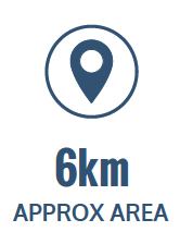 location icon with text 6 km approx area