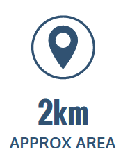 location icon with text 2 km approx area