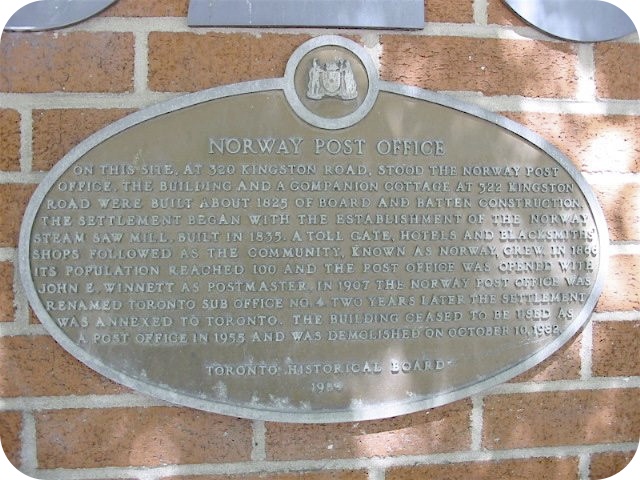 plaque for historic norway post office in toronto's east end