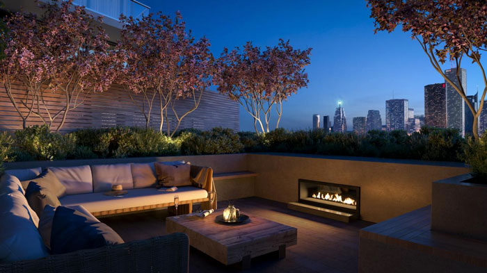condo terrace with city view in evening
