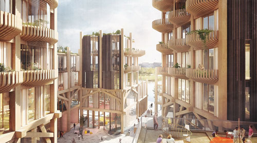 Rendering of a mass timber city for Quayside