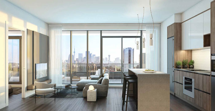 River and Fifth condos suite interior with skyline view