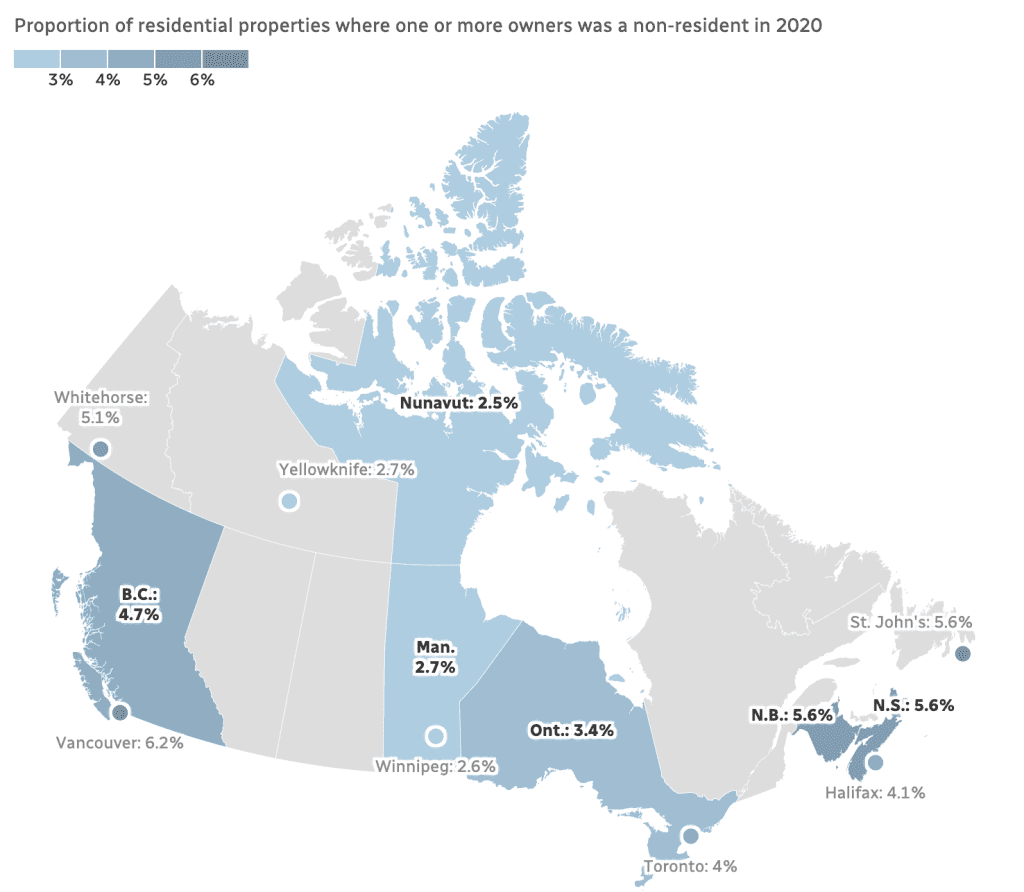 An infographic depicting the percentage of houses owned by foreigners in Canada